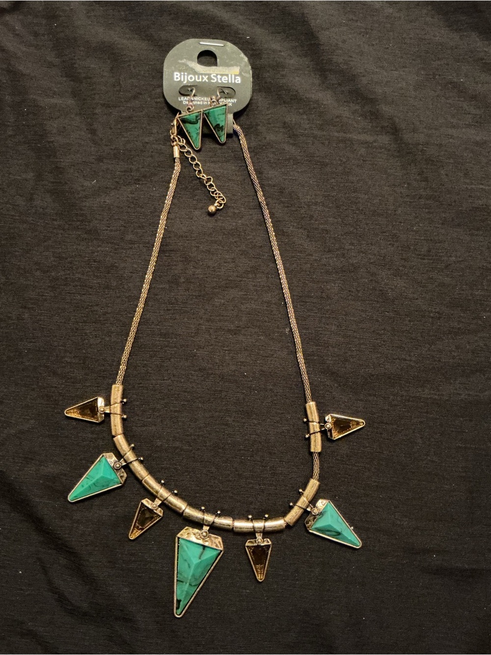 Green Triangle Drop Necklace/earring set  - Gold-Tone Accents